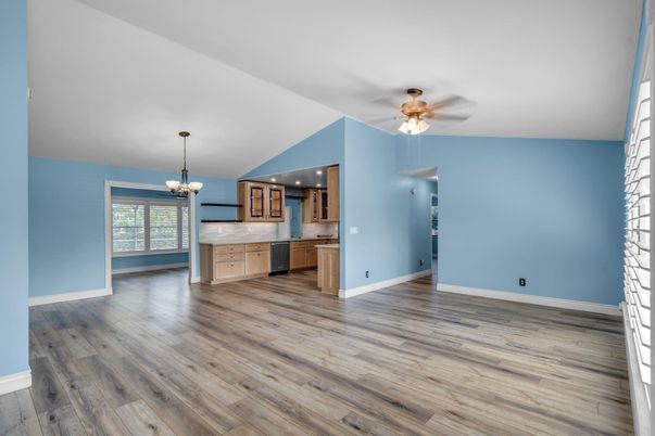 Chandelier, Empty room, Interior, Kitchen, Pendant Lights, Recessed Lighting, Wood Texture Flooring