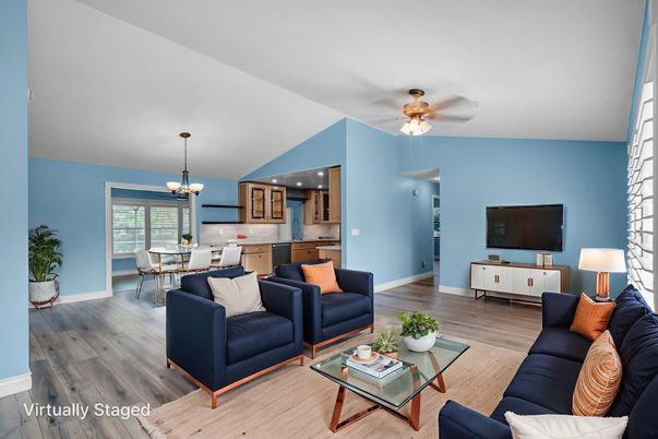 Chandelier, Dining room, Interior, Kitchen, Living room, Pendant Lights, Recessed Lighting, Wood Texture Flooring