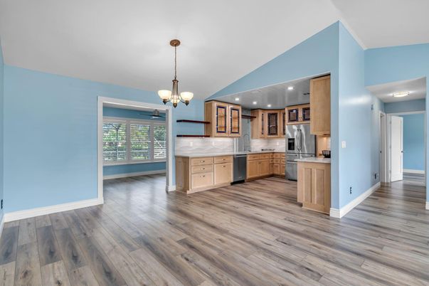 Chandelier, Interior, Kitchen, Pendant Lights, Recessed Lighting, Stainless Steel Appliances, Wood Texture Flooring