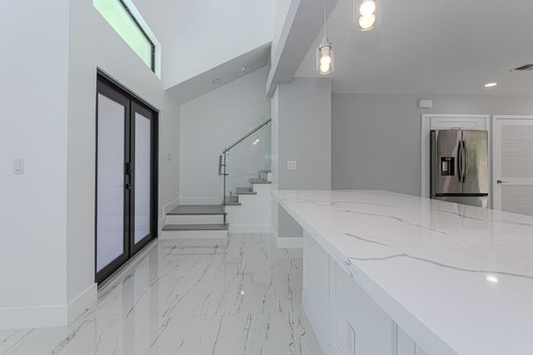 Interior, Kitchen, Marble, Pendant Lights, Recessed Lighting