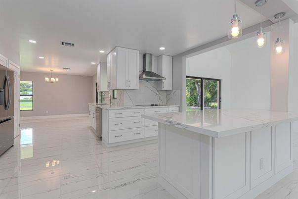 Interior, Kitchen, Marble, Marble Walls, Pendant Lights, Recessed Lighting