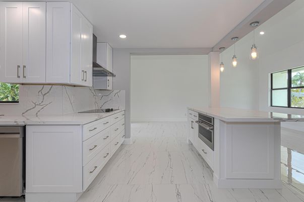 Interior, Kitchen, Marble, Marble Walls, Pendant Lights, Recessed Lighting