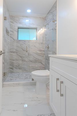 Bathroom, Glass Shower, Interior, Marble, Marble Walls, Recessed Lighting