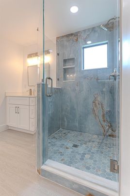 Bathroom, Glass Shower, Interior, Marble Walls, Recessed Lighting