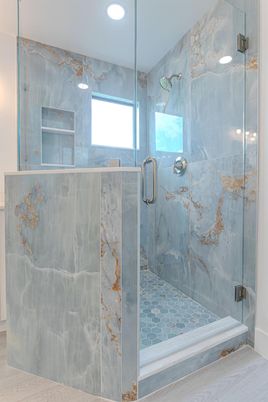Bathroom, Glass Shower, Interior, Marble Walls, Recessed Lighting