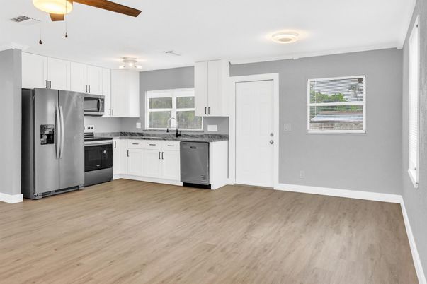 Interior, Kitchen, Stainless Steel Appliances, Wood Texture Flooring