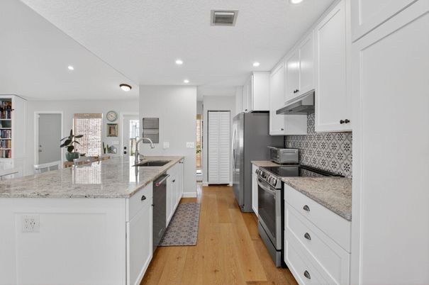 Interior, Kitchen, Recessed Lighting, Stainless Steel Appliances, Wood Texture Flooring