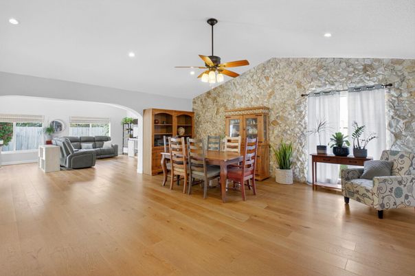 Dining room, Interior, Living room, Recessed Lighting, Wood Texture Flooring