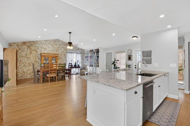 Dining room, Interior, Kitchen, Recessed Lighting, Wood Texture Flooring