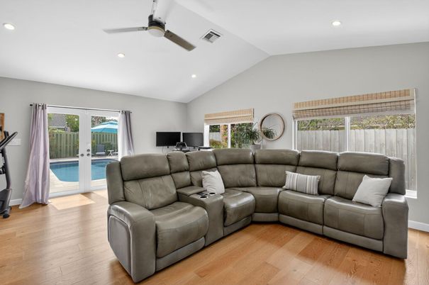 Home Theatre Room, Interior, Living room, Recessed Lighting, Wood Texture Flooring