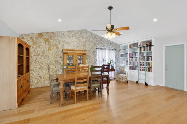 Dining room, Interior, Recessed Lighting, Stone Walls, Wood Texture Flooring