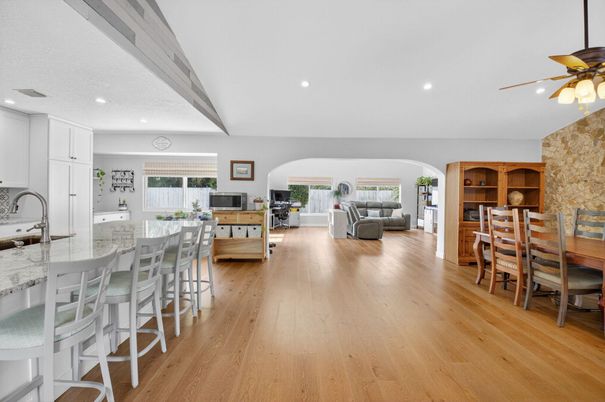 Dining room, Interior, Kitchen, Living room, Recessed Lighting, Wood Texture Flooring