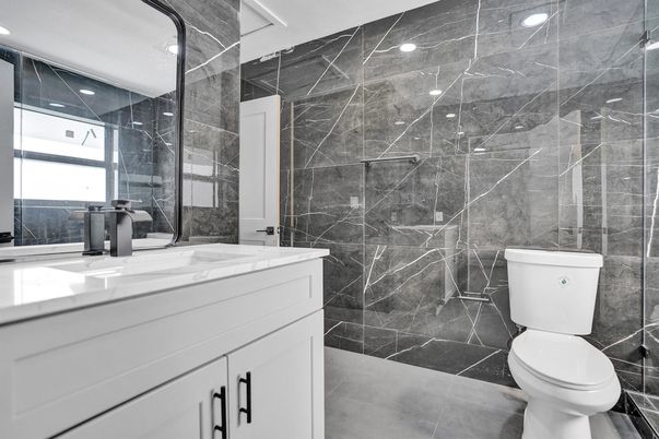 Bathroom, Glass Shower, Interior, Marble Walls, Recessed Lighting