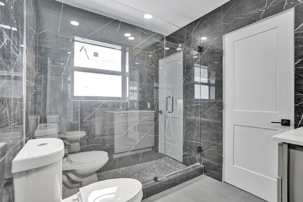 Bathroom, Glass Shower, Interior, Marble Walls, Recessed Lighting