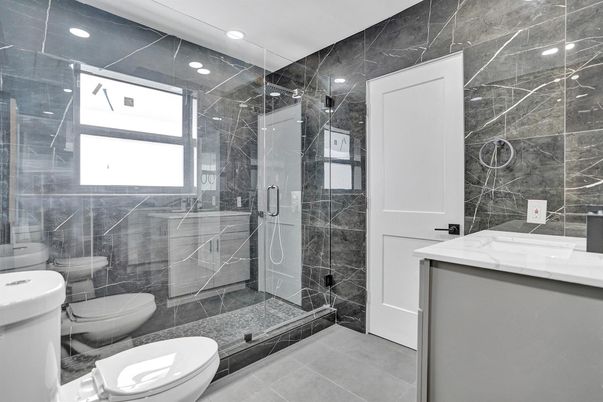 Bathroom, Glass Shower, Interior, Marble Walls, Recessed Lighting