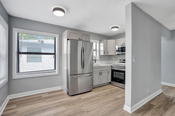 Interior, Kitchen, Stainless Steel Appliances, Wood Texture Flooring