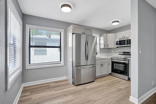 Interior, Kitchen, Stainless Steel Appliances, Wood Texture Flooring