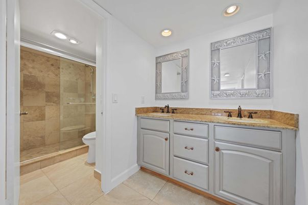 Bathroom, Dual Sink Vanities, Glass Shower, Interior, Recessed Lighting