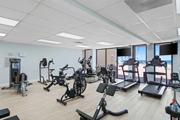 Fitness Equipment, Gym, Interior, Recessed Lighting, Wood Texture Flooring