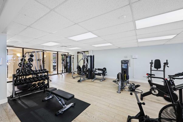 Fitness Equipment, Gym, Interior, Recessed Lighting, Wood Texture Flooring