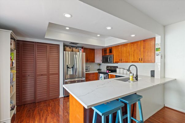 Interior, Kitchen, Recessed Lighting, Stainless Steel Appliances, Wood Texture Flooring