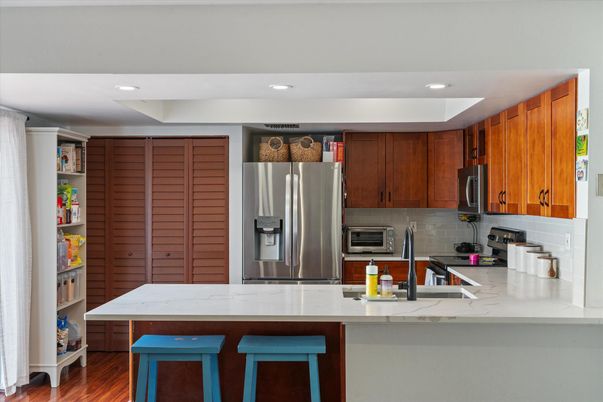 Interior, Kitchen, Recessed Lighting, Stainless Steel Appliances, Wood Texture Flooring