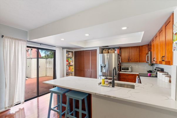 Interior, Kitchen, Recessed Lighting, Stainless Steel Appliances, Wood Texture Flooring