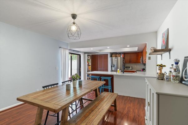 Dining room, Interior, Kitchen, Recessed Lighting, Stainless Steel Appliances, Wood Texture Flooring