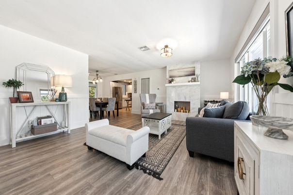 Dining room, Fireplace, Interior, Living room, Wood Texture Flooring