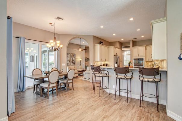 Chandelier, Dining room, Interior, Kitchen, Recessed Lighting, Wood Texture Flooring
