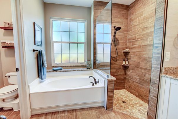 Bathroom, Glass Shower, Interior, Wood Texture Flooring, Wooden Walls