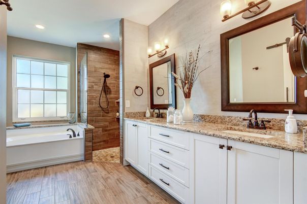 Bathroom, Dual Sink Vanities, Interior, Recessed Lighting, Wood Texture Flooring