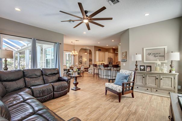 Chandelier, Dining room, Interior, Kitchen, Living room, Pendant Lights, Recessed Lighting, Wood Texture Flooring