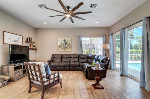 Interior, Living room, Recessed Lighting, Wood Texture Flooring