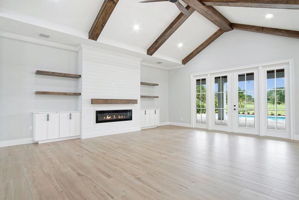 Empty room, Fireplace, Interior, Recessed Lighting, Wooden Beams, Wood Texture Flooring