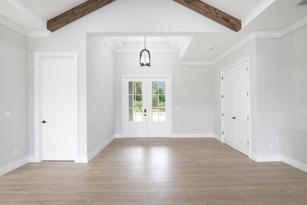 Empty room, Interior, Pendant Lights, Wooden Beams, Wood Texture Flooring