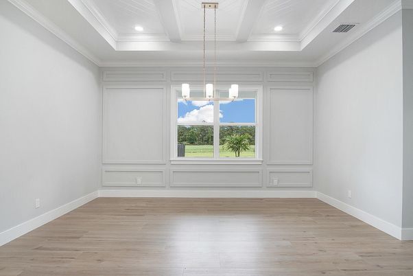 Empty room, Interior, Pendant Lights, Recessed Lighting, Wood Texture Flooring