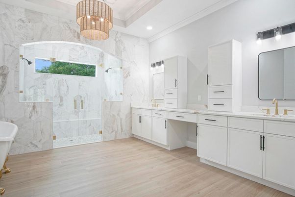 Bathroom, Chandelier, Dual Sink Vanities, Interior, Marble Walls, Recessed Lighting, Wood Texture Flooring