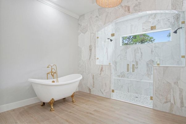 Bathroom, Free Standing Baths, Glass Shower, Interior, Marble Walls, Wood Texture Flooring