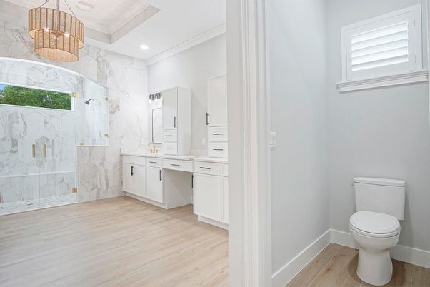 Bathroom, Interior, Marble Walls, Pendant Lights, Recessed Lighting, Wood Texture Flooring