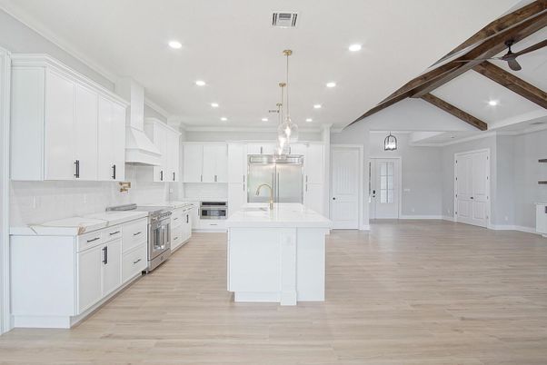 Interior, Kitchen, Pendant Lights, Recessed Lighting, Stainless Steel Appliances, Wooden Beams, Wood Texture Flooring