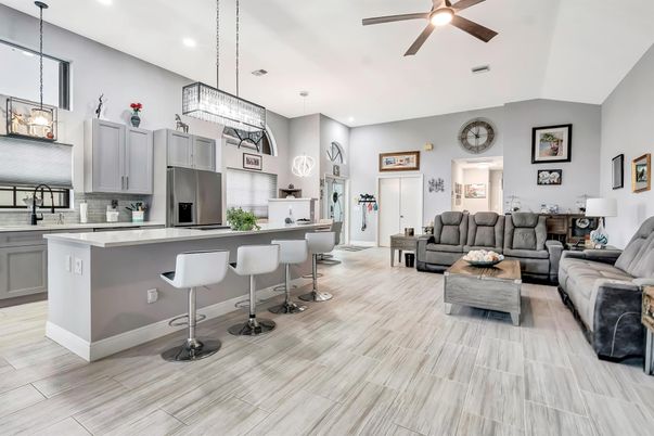 Interior, Kitchen, Living room, Pendant Lights, Recessed Lighting, Stainless Steel Appliances, Wood Texture Flooring