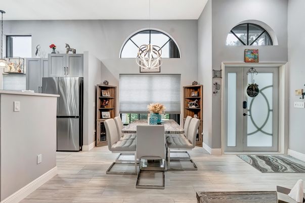Dining room, Interior, Kitchen, Pendant Lights, Wood Texture Flooring