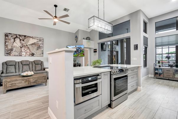 Chandelier, Interior, Kitchen, Pendant Lights, Stainless Steel Appliances, Wood Texture Flooring