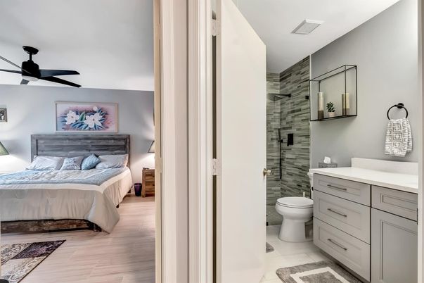 Bathroom, Bedroom, Glass Shower, Interior, Wood Texture Flooring