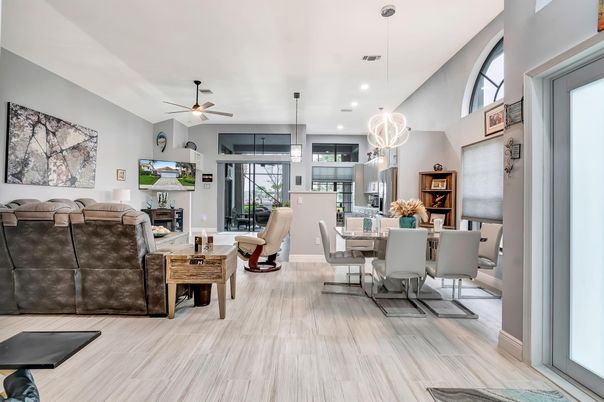 Dining room, Interior, Living room, Pendant Lights, Recessed Lighting, Wood Texture Flooring