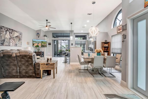 Dining room, Interior, Living room, Pendant Lights, Recessed Lighting, Wood Texture Flooring