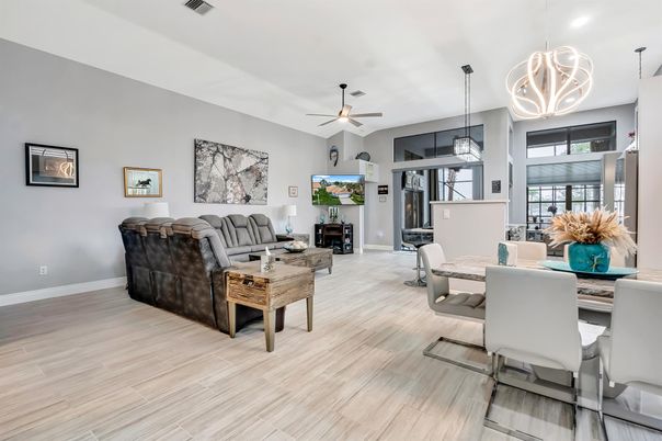 Dining room, Interior, Living room, Pendant Lights, Recessed Lighting, Wood Texture Flooring