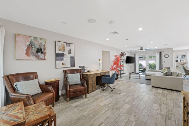 Home Office, Interior, Living room, Recessed Lighting, Wood Texture Flooring