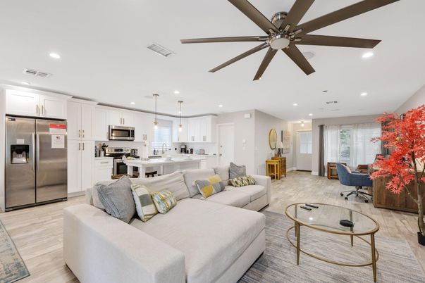 Dining room, Interior, Kitchen, Living room, Pendant Lights, Recessed Lighting, Stainless Steel Appliances, Wood Texture Flooring
